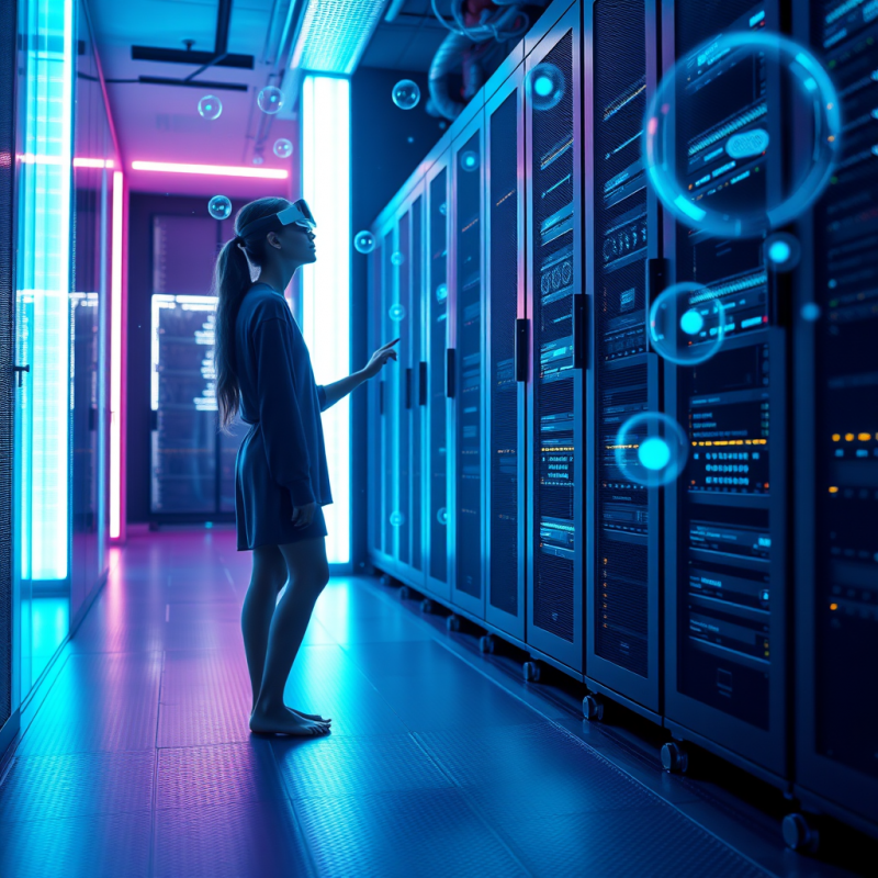 Young Woman in a Neon-lit Server Room