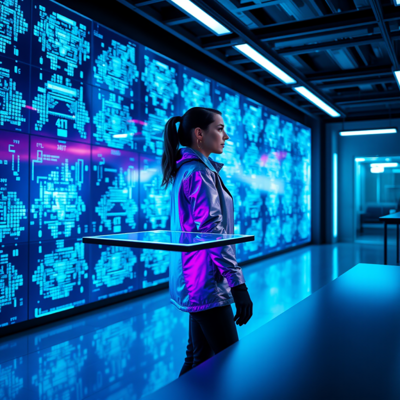 Young Woman in a Neon-lit Underground Tech Lab