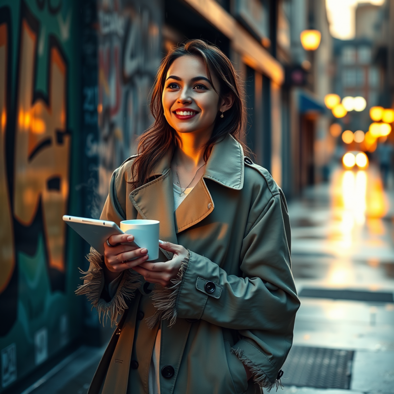 Young Woman in a Rain-slicked City Alley at Golden Hour