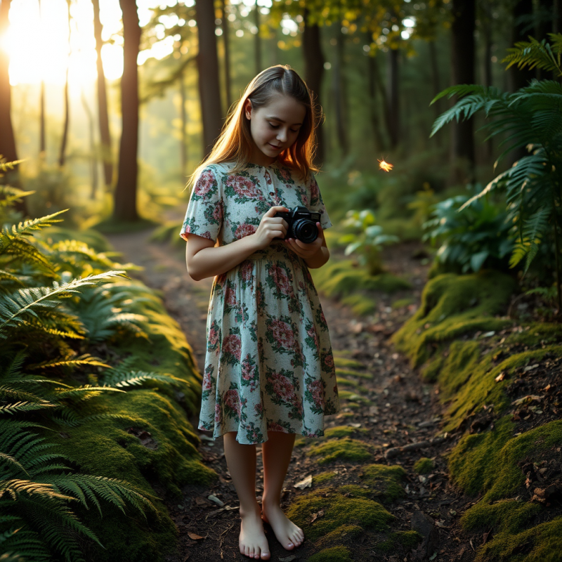 Young Woman in a Retro 1970s-style Floral Dress Stands ...