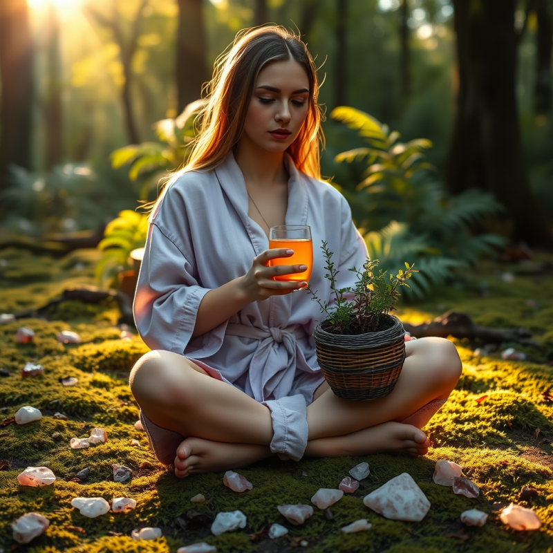 Young Woman in a Soft Lavender Linen Robe Sits Cross-le...