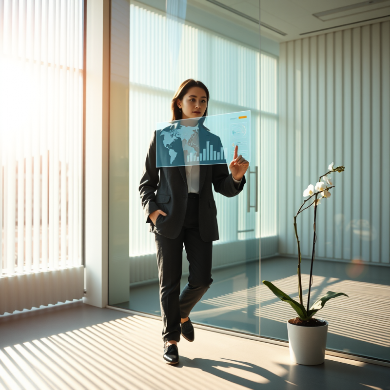 Young Woman in a Tailored Charcoal Blazer Leans Against...