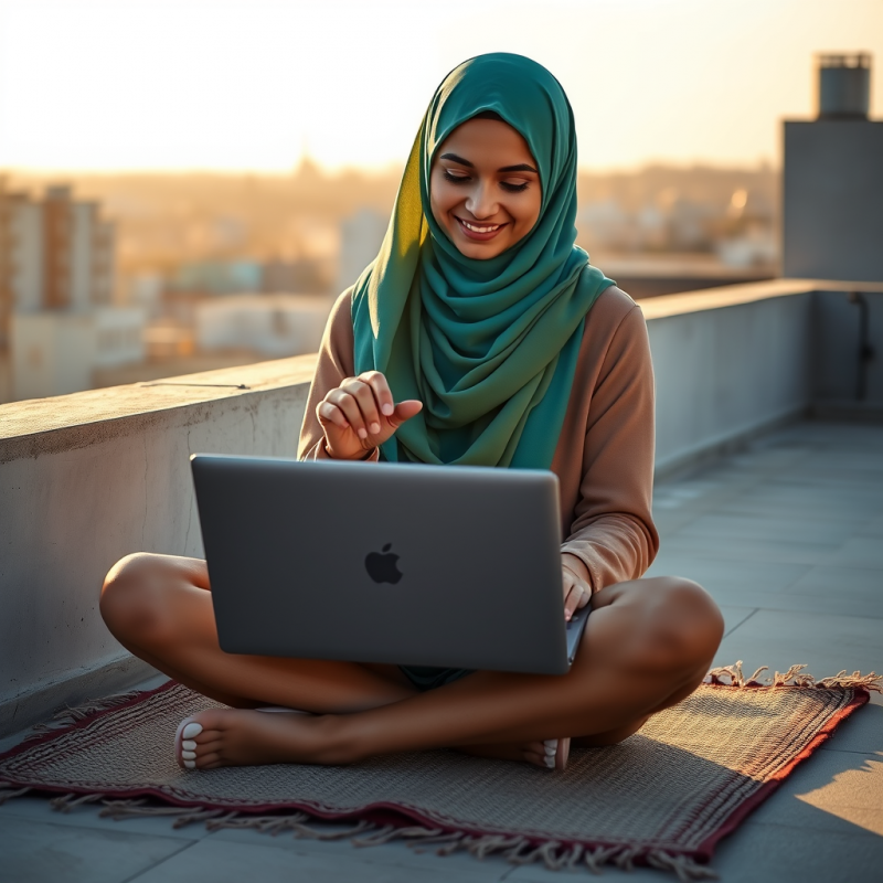 Young Woman in a Vibrant Turquoise Hijab Sits Cross-leg...