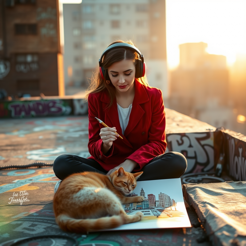 Young Woman in a Vintage Red Velvet Blazer and Oversize...