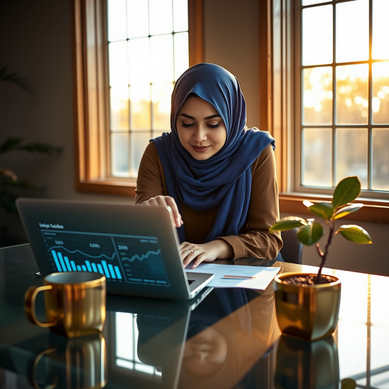 Young Woman with a Vibrant Indigo Hijab Leans Over a Mi...