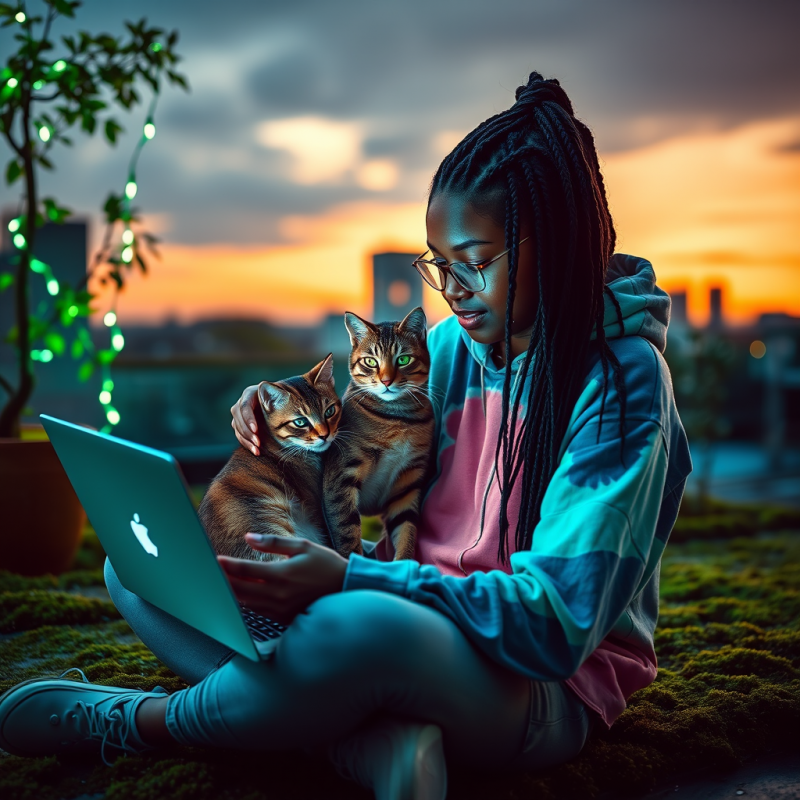 Young Woman with Braided Cornrows and a Faded Tie-dye H...