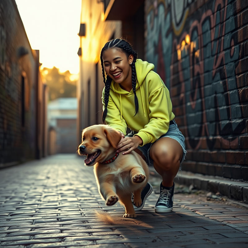 Young Woman with Braided Hair in a Faded Neon-green Cro...