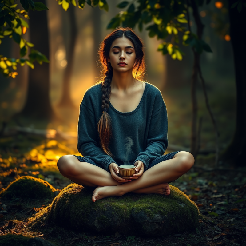 Young Woman with Braided Hair Sits Cross-legged on a Mo...