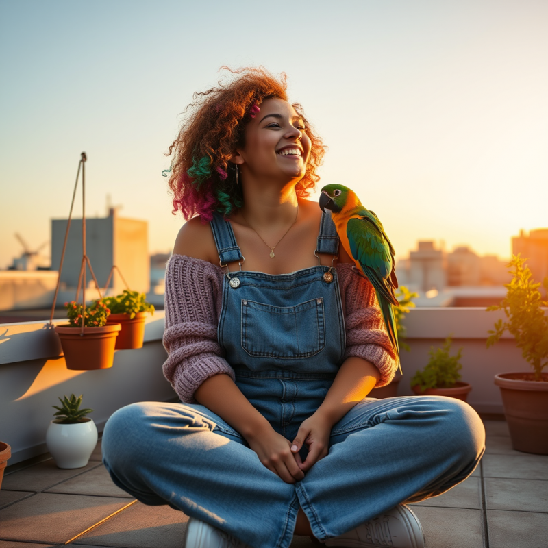 Young Woman with Curly Rainbow-dyed Hair Sits Cross-leg...