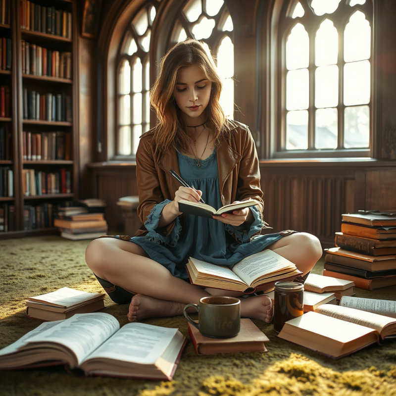 Young Woman with Ink-stained Fingers Sits Cross-legged ...