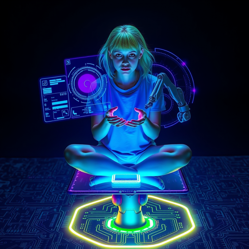 Young Woman with Neon-green Hair Sits Cross-legged on A...