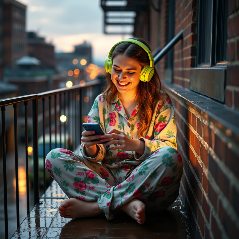 Young Woman with Neon Green Headphones and Oversized Th...