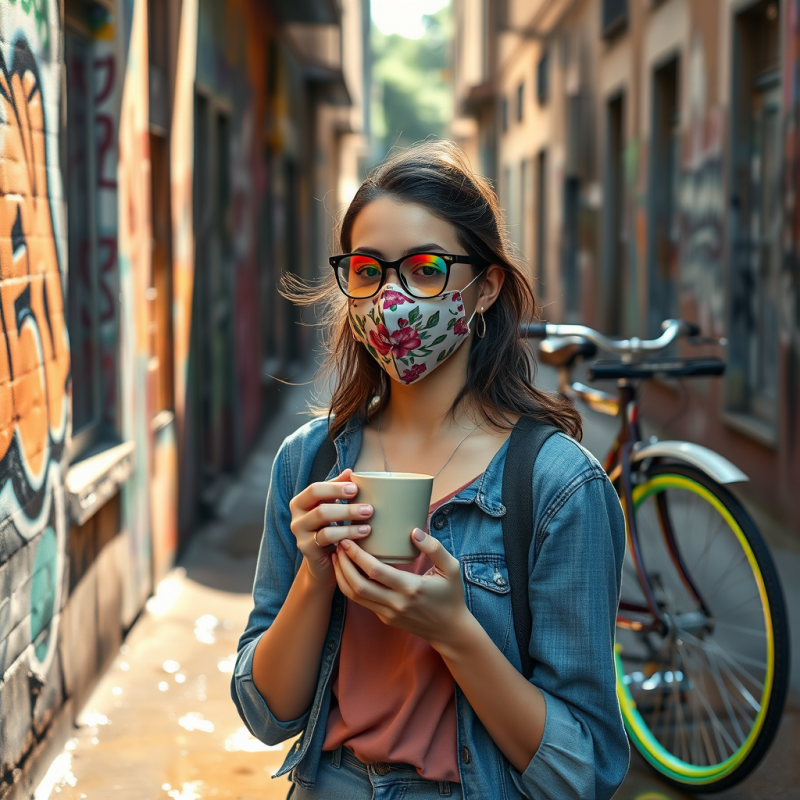 Young Woman with Rainbow-tinted Glasses and a Floral Fa...