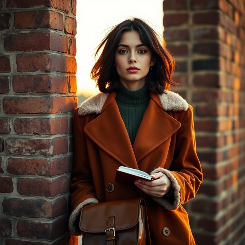 Young Woman with Tousled Dark Hair Leans Against a Weat...