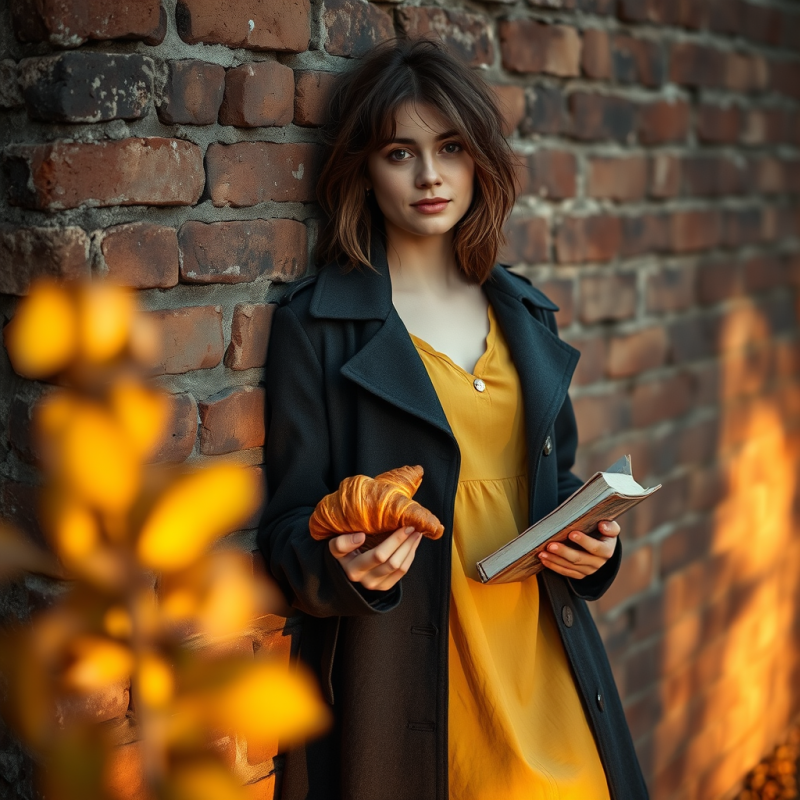 Young Woman with Tousled Hair Leans Against a Weathered...