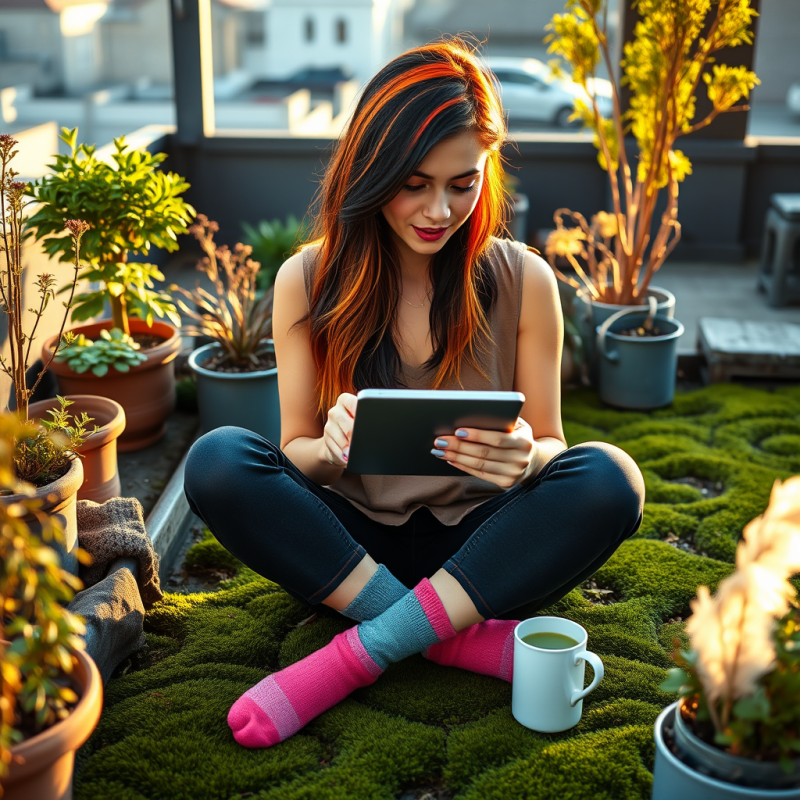 Young Woman with Vibrant Orange Streaks in Her Dark Hai...