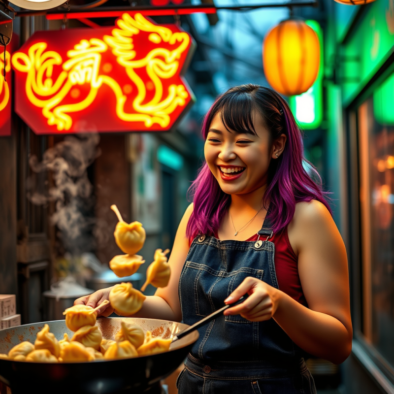 Young Woman with Vibrant Purple Hair and a Stained Deni...