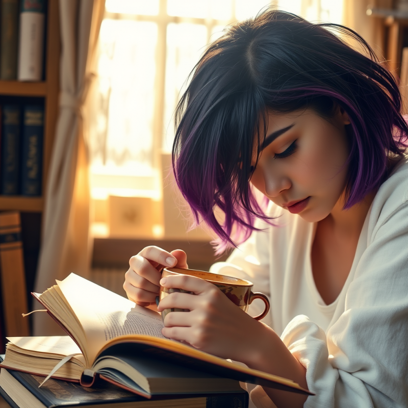 Young Woman with Vibrant Purple Streaks in Her Dark Hair