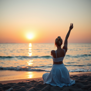 Woman Practicing Yoga At Sunrise Beach Peaceful Meditation