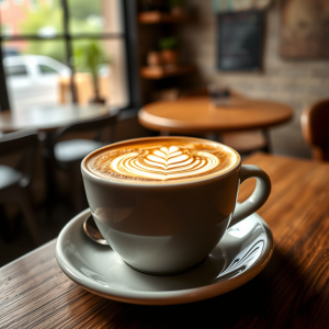 Coffee Latte Art In Ceramic Cup Cozy Cafe Atmosphere