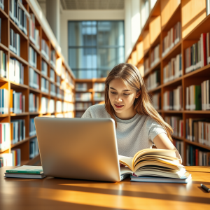 Student Studying At Library With Laptop And Books Natural...