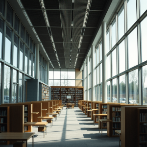 Modern Library Interior With Floor-to-ceiling Windows And...
