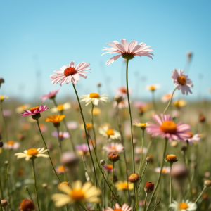 Field Of Wildflowers Swaying In Gentle Breeze Summer