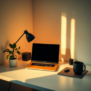 Minimal Desk With Laptop And Plant Clean Workspace