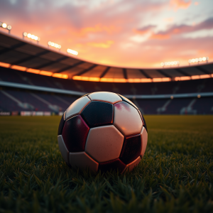 Soccer Ball On Grass Field With Stadium Sunset