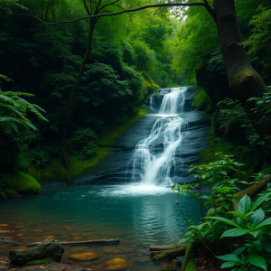 Waterfall Cascading Into Pool In Lush Green Forest