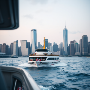 Ferry Boat Crossing Harbor City Skyline Background