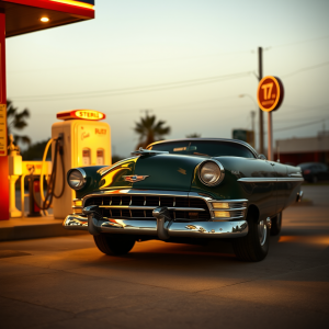 Classic Car At Gas Station 1950s Americana