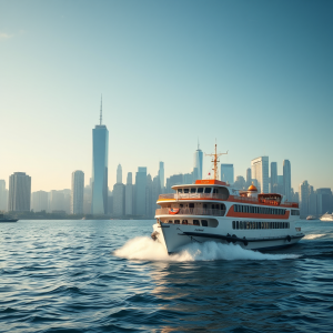 Ferry Boat Crossing Harbor City Skyline Background
