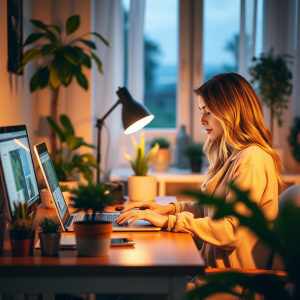 Woman Working From Home With Laptop At Cozy Desk Setup Pl...