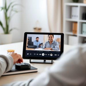 Online Learning Setup With Tablet Showing Video Lesson At...