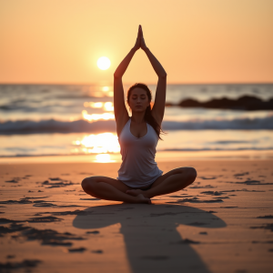 Woman Practicing Yoga At Sunrise Beach Peaceful Meditation
