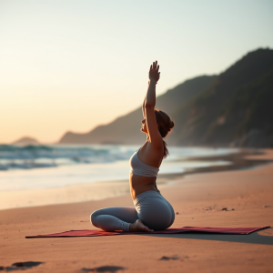 Woman Practicing Yoga At Sunrise Beach Peaceful Meditation