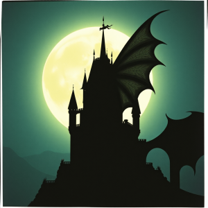 Dragon Silhouette Against Full Moon Castle Fantasy Scene