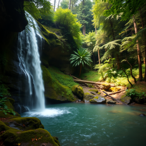 Waterfall Cascading Into Pool In Lush Green Forest