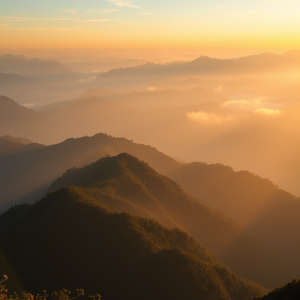 Misty Mountain Sunrise With Layers Of Peaks Golden Light