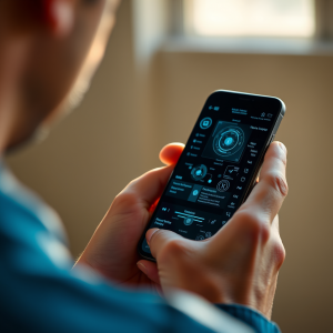 Person Using Smartphone With Holographic Interface Future...