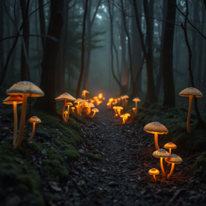 Enchanted Forest Path With Glowing Mushrooms Magical Atmo...