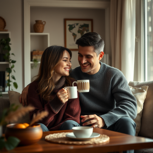 Couple Enjoying Morning Coffee Together Cozy Home Moment
