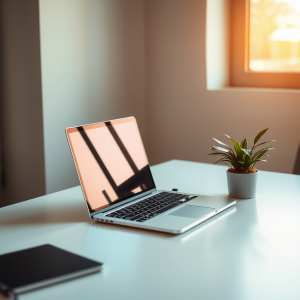 Minimal Desk With Laptop And Plant Clean Workspace