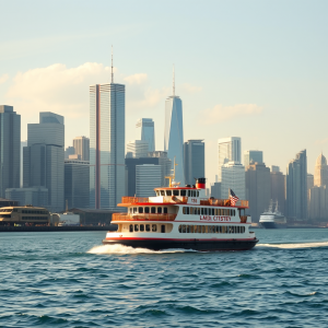Ferry Boat Crossing Harbor City Skyline Background
