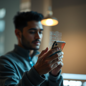 Person Using Smartphone With Holographic Interface Future...